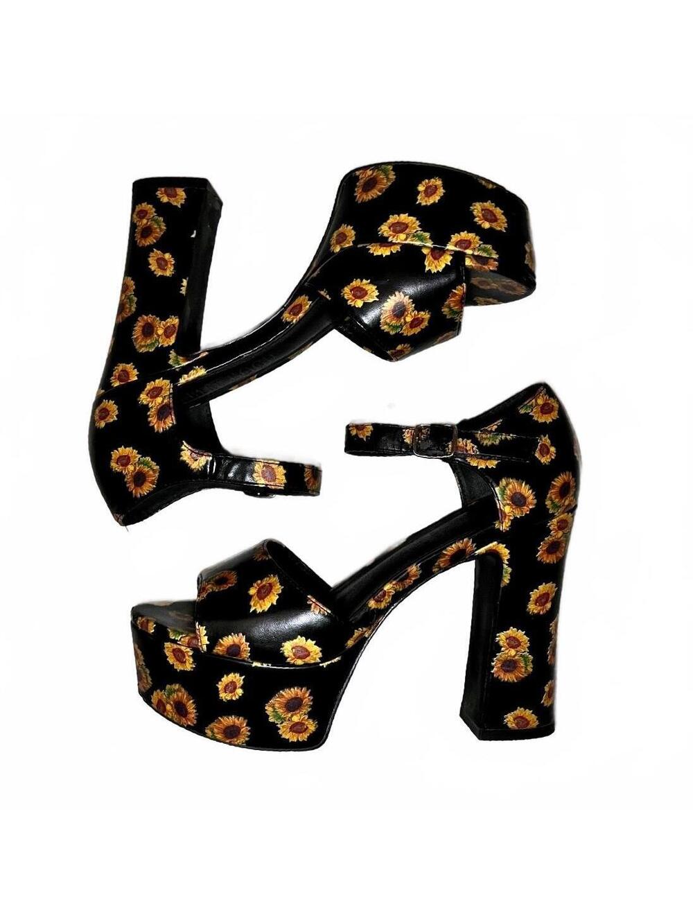 Dolls Kill Current Mood Black Sunflower Print Platform Heels Size 7